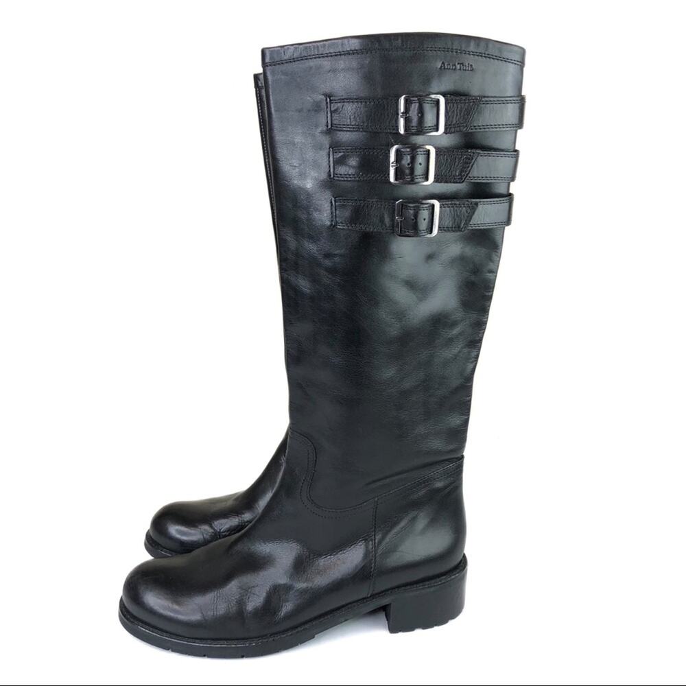 Ann Tuil Black Leather Three Buckle Tall Boots.